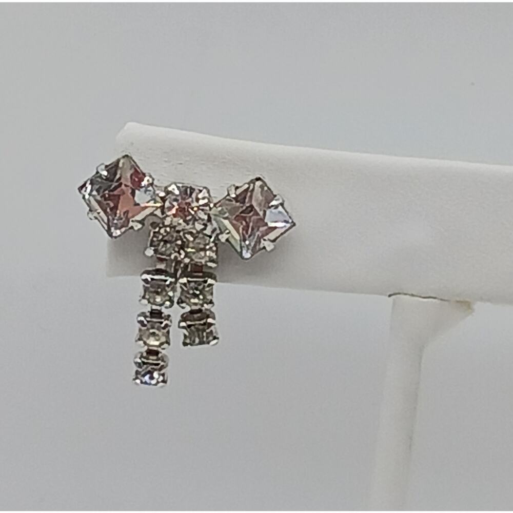 Vintage Colorless Rhinestone Bow Screw Back Earrings Dangle Bowtie Prong Set